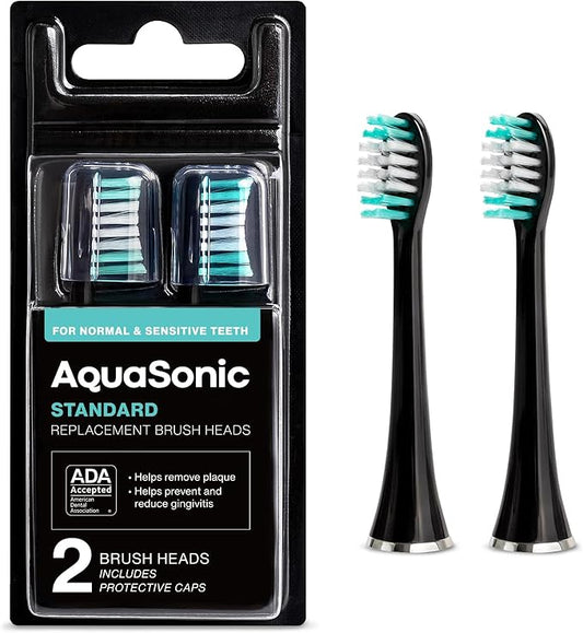 AquaSonic Genuine Standard Replacement Brush Heads | for Normal & Sensitive Teeth | Compatible with Many AquaSonic Toothbrush Handles (2 Pack Black)