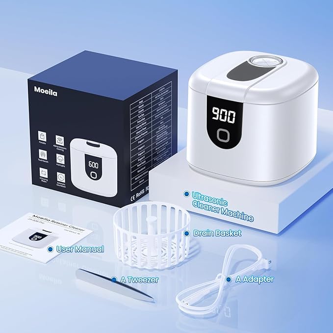 45kHz Ultrasonic Retainer Denture Cleaner Machine, Fast Cleaning for Aligners, Mouth Guards, Braces, Toothbrush Heads & Jewelry, 200ML Dental Cleaning Pod, 4 Modes & Digital Timer, White