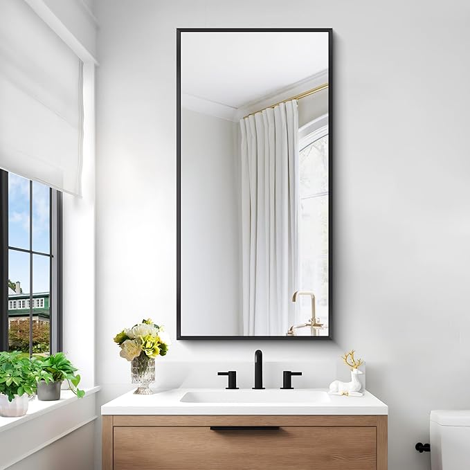 Bathroom Mirror,24x48 inch Wall Mirror for Bathroom Wall Mounted Black Rectangle Square Corner Mirrors, Black Bathroom Mirror for Living Room, Farmhouse, Bedroom Entryway, Horizontal/Vertical-StrideForce Fitness