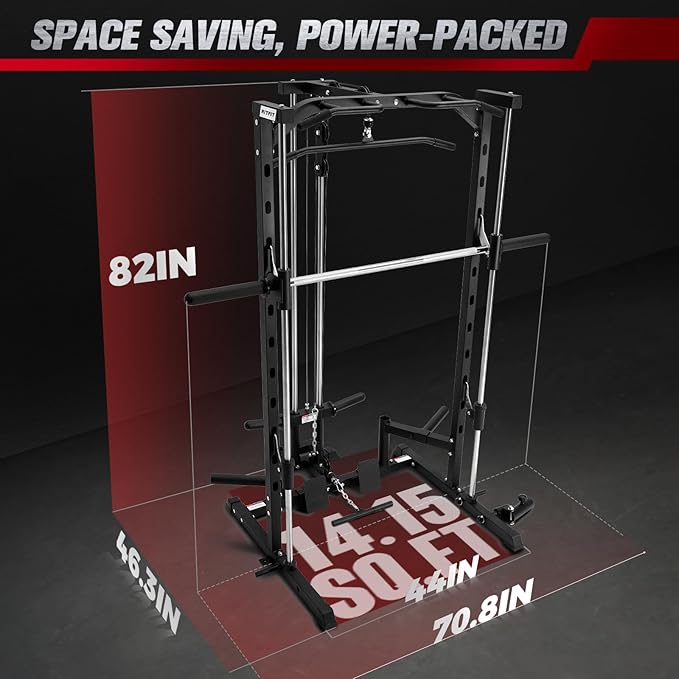 RitFit Smith Machine Power Rack with LAT-Pull Down System, Landmine, Barbell Bar, Plate Storage Pegs and More Training Attachment-StrideForce Fitness