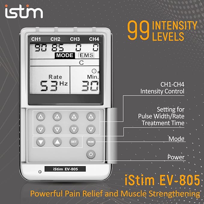 iSTIM EV-805 TENS EMS 4 Channel Rechargeable Combo Machine Unit - Muscle Stimulator + Back Pain Relief and Management- 24 Programs/Backlit (Including Electrodes Pads)-StrideForce Fitness