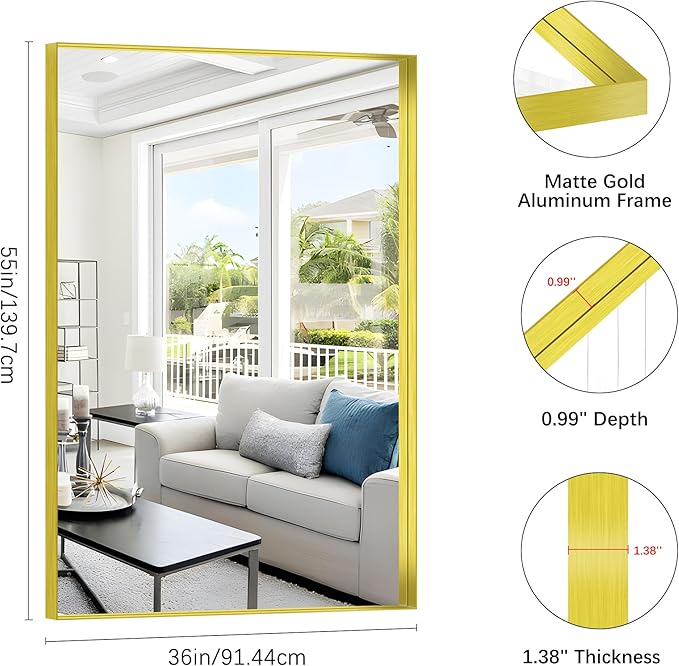 Gold Bathroom Mirror, 36x55 Inch Rectangular Deep Frame Mirror, Large Wall Mounted Bathroom Vanity Mirror Over Sink for Bedroom,Restroom, Living Room, Hangs Vertically or Horizontally-StrideForce Fitness