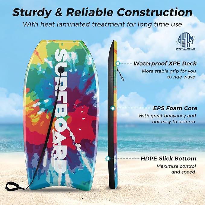 KOTEK 33/37/41 Inch Body Board with Wrist Leash, EPS Core, Dual Channel, HDPE Slick Bottom, Bodyboard for All Skill Levels & Wave Conditions-StrideForce Fitness