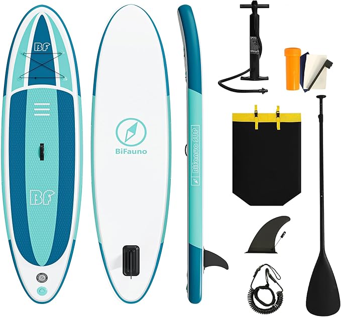 Inflatable Stand Up Paddle Board with SUP Accessories & Backpack. Paddle Boards for Adults. Non-Slip Deck, Wide Stance, Bottom Fin, Double Action Pump.-StrideForce Fitness