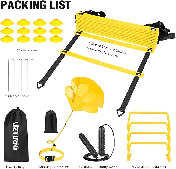 Soccer Training Equipment, Speed Agility Training Equipment for Kids Youth Adults, 20ft Agility Ladder, 4 Hurdles, Jump Rope, 12 Soccer Cones, Running Parachute, Football Training Equipment-StrideForce Fitness