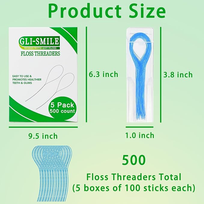 Floss Threaders, Orthodontic Threader, Ultraclean Access Tool for Maintaining Oral Health with Braces, Bridges, and Implants 500 Count (5Pack)