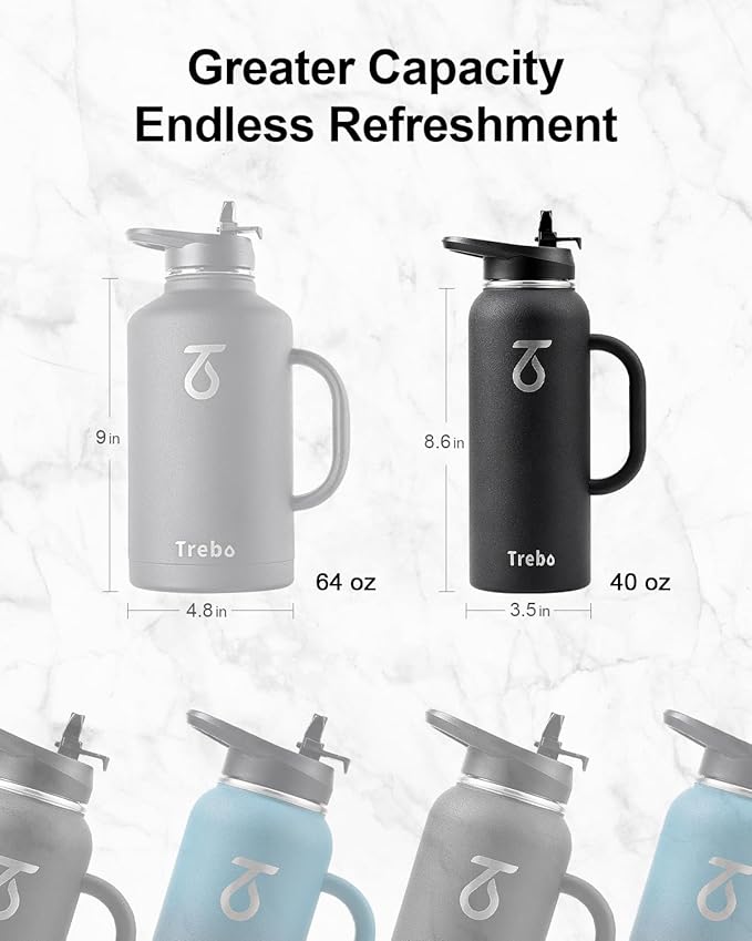 Trebo 40oz Water Bottle Insulated with Handle, Stainless Steel Metal Large Jug,Travel Flask with Straw Spout Lid,Mug Tumbler Cup with Carry Pouch,Keep Cold Hot, Indigo Black-StrideForce Fitness