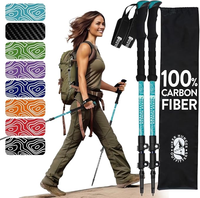 100% Carbon Fiber Trekking Poles by USA Brand - Ultra Strong Lightweight Collapsible Hiking Poles with Cork and EVA Foam Grips & Quick Adjustable Flip Locks-StrideForce Fitness