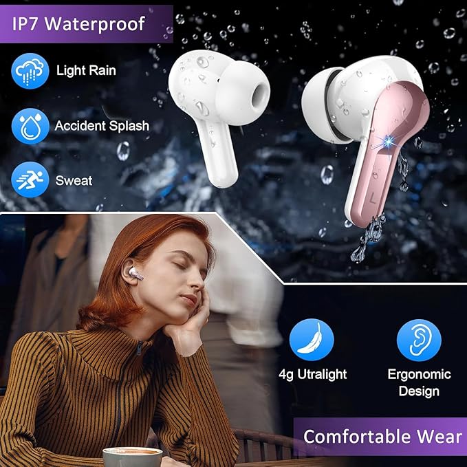 Wireless Earbuds, Bluetooth Headphones 5.3 HiFi Stereo Ear buds with ENC Noise Cancelling Mics, 40H Bluetooth Earbuds with LED Display Charging Case, IP7 Waterproof Earphones for Android iOS, Rosegold-StrideForce Fitness