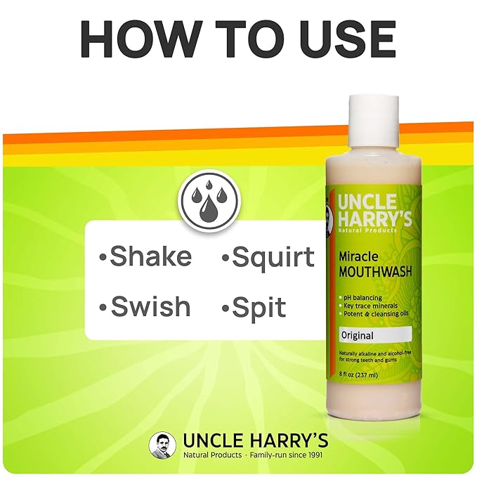 Uncle Harry's Natural Alkalizing Miracle Mouthwash | Adult & Kids Mouthwash for Bad Breath | pH Balanced Oral Care Mouth Wash & Mouth Rinse (8 fl oz)
