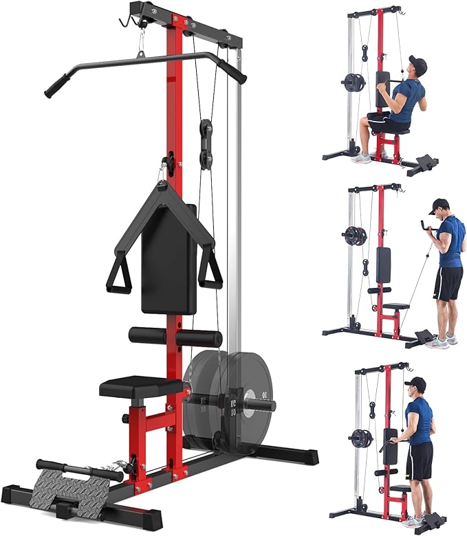 LAT Pulldown Machine, Multi-Functional Cable Machine with High and Low Pulley Station, Row Cable Machine Home Gym with Leg Support, Tricep Workout Equipment-StrideForce Fitness