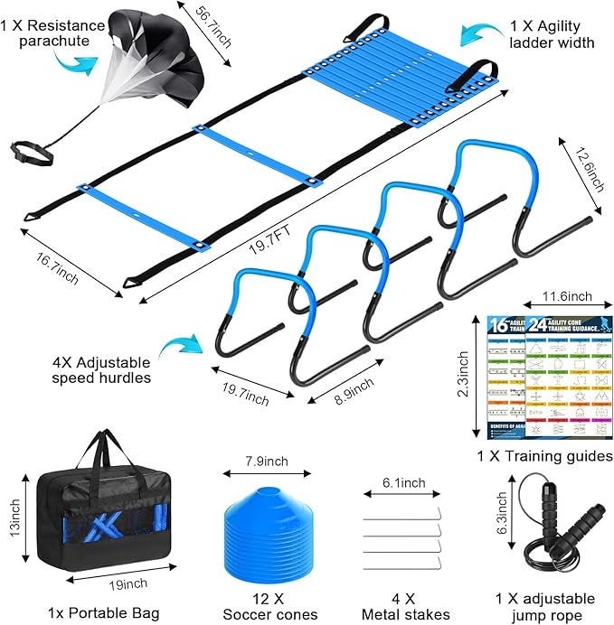Agility Speed Training Equipment Set - 20ft Speed Ladder, 12 Cones, 4 Adjustable Hurdles, Jump Rope, Parachute | Ideal for Basketball, Football, Soccer, for Kids, Youth, Adults