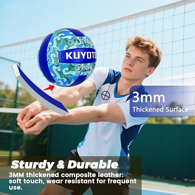 KUYOTQ Official Size 5 in&Outdoor Beach Volleyball,3MM Thickened Surface Soft Leather Youth Womens Mens Volleyball for Game Gym Training(Deflated) (Blue-Wave)-StrideForce Fitness