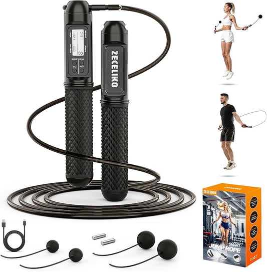 Smart Jump Rope with LED Display and Jump Counter, Weighted Cordless Design for Home Gym & HIIT, Adjustable Steel Wire for Fitness, Tracks Jumps, Calories & Time, for Men, Women & Kids-StrideForce Fitness