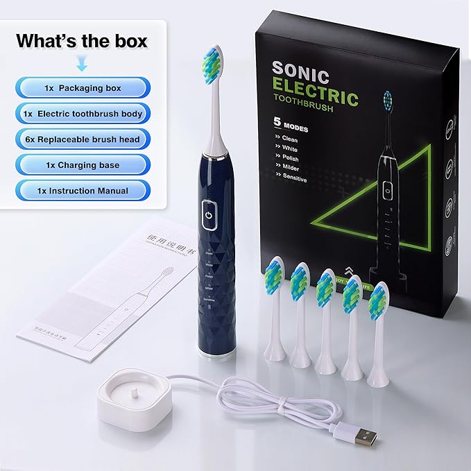 Sonic Electric Toothbrush for Adults - Deep Cleaning Teeth Whitening6 Replacement Brush Heads100-Day Battery5 Modes w/SensitiveIPX7 Waterproof (Color Options)