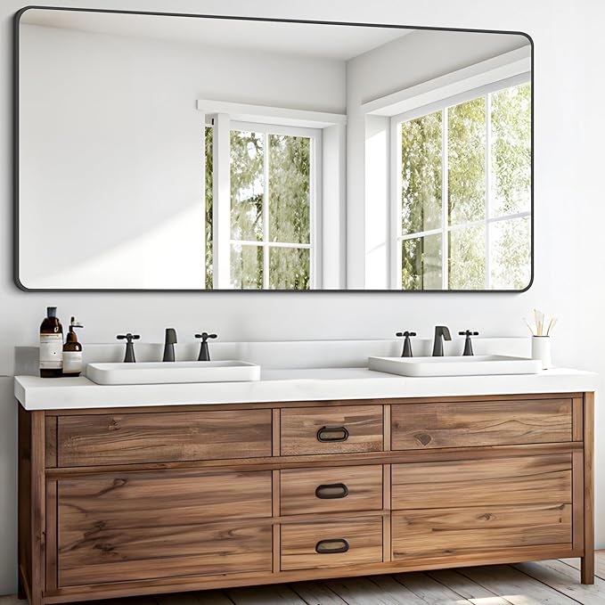 FORBATH Bathroom Mirror 30" X 60"，Large Rectangular Wall Mirror, Black Metal Framed Rounded Corner Wall Mounted Mirror for Bathroom Bedroom Entryway Decor(Horizontal/Vertical)-StrideForce Fitness