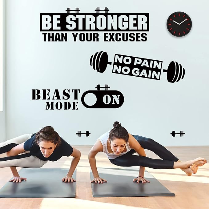 Zonon 3 Pieces Gym Wall Decal, Be Stronger Than Your Excuses, No Pain No Gain Beast Mode Inspirational Quotes Vinyl Wall Art Fitness Exercise Wall Sticker for Gym Office Home Decor-StrideForce Fitness
