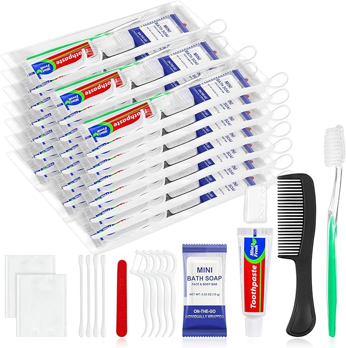 Xuezoioy 30 Sets Personal Hygiene Kit Bulk,9-IN-1 Green Disposable Toothbrushes with Toothpaste Floss Comb Soap Cover and Hotel Vanity Set Basic Travel Toiletry Supplies for Homeless,Travel,Guests