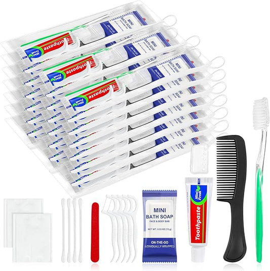 Xuezoioy 30 Sets Personal Hygiene Kit Bulk,9-IN-1 Green Disposable Toothbrushes with Toothpaste Floss Comb Soap Cover and Hotel Vanity Set Basic Travel Toiletry Supplies for Homeless,Travel,Guests