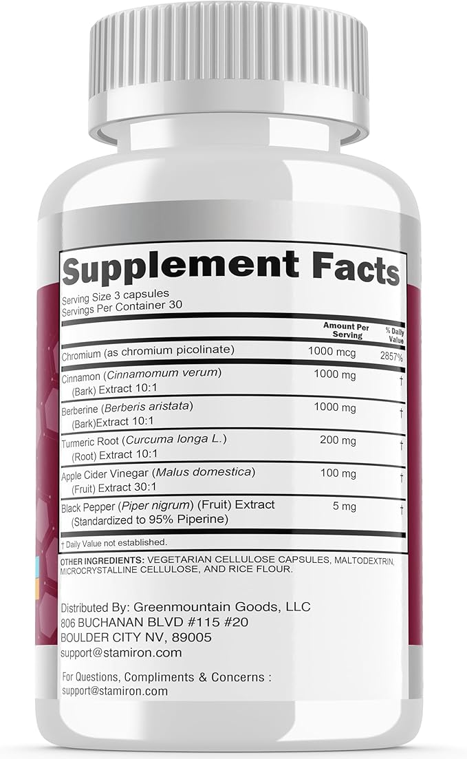 Stamiron Berberine Complex with Ceylon Cinnamon, Chromium, Turmeric, Apple Cider Vinegar, 90 Capsules-StrideForce Fitness