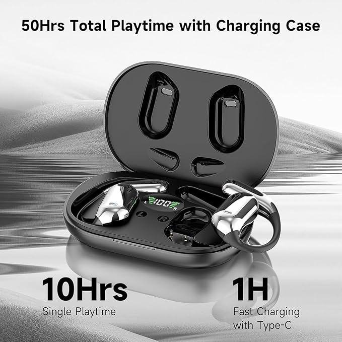 Open Ear Clip Wireless Earbuds Bone Conduction Headphones, Bluetooth 5.4, Open Ear Design for Running Fitness,office，Built-in Mic, IPX7 Waterproof, LED Display Charging Case,Ear Hooks Ear Buds-StrideForce Fitness