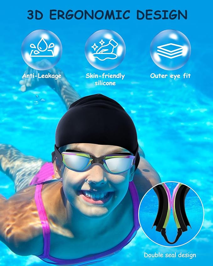 Kids Swim Goggles, Swimming Goggles for Kids Toddlers 3-14 with Swim Cap, Nose Clip, Nose Bridge, Ear Plugs-StrideForce Fitness