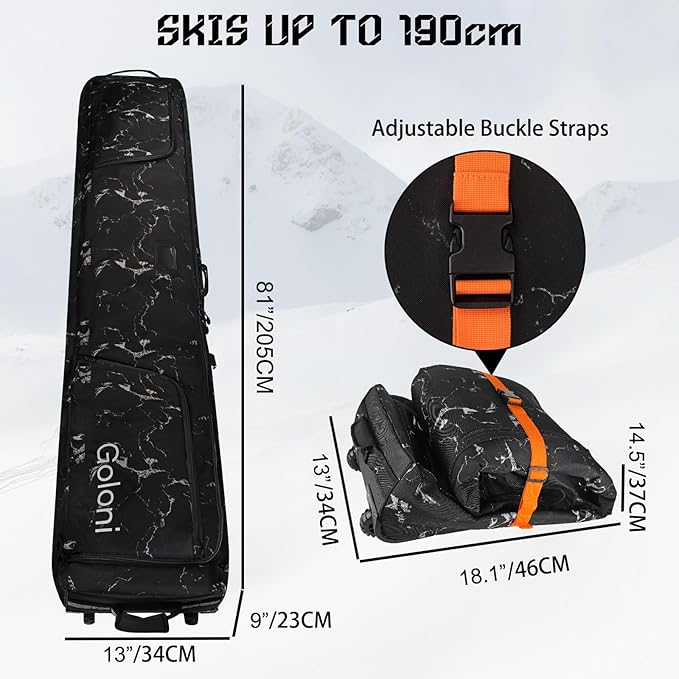 Goloni Ski Bag with Wheels,Padded Snowboard Bag for Air Travel,600D Waterproof Fabric,Foldable Snow Bag Fits 2 Pairs Skis-StrideForce Fitness