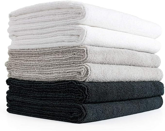 The Rag Company Microfiber Spa and Yoga Towel - Soft and Absorbent Towel for Gym, Spa, Exercise, Hotel, and Resort Use - Dries Fast - 16x27 inches - White, Ice Grey, Black, 6-Pack-StrideForce Fitness