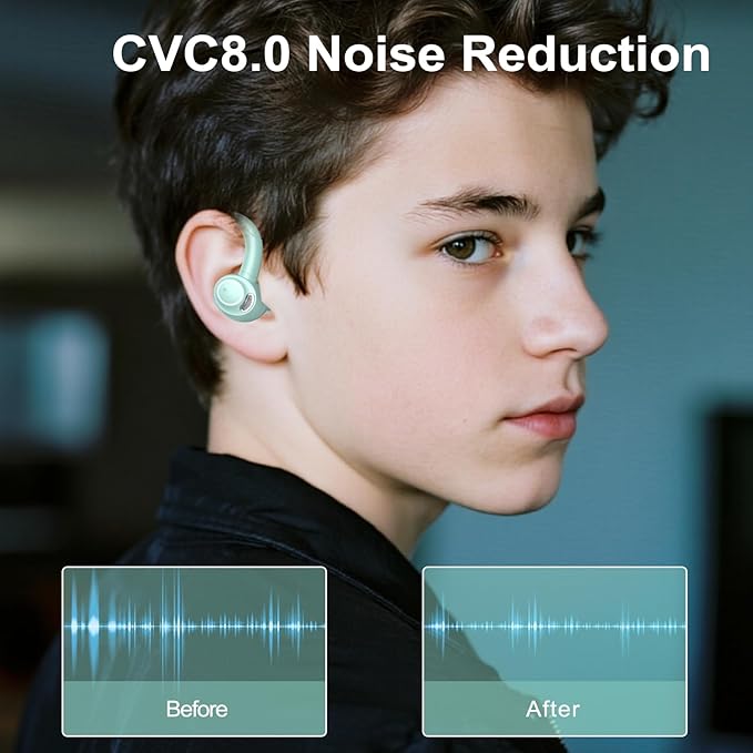 Wireless Earbuds Bluetooth 5.3 Headphones Sports, 48Hrs Playtime Bluetooth Earbuds with CVC 8.0 Mic, Stereo Bass Over Ear Bud with Earhooks, LED Display, IP7 Waterproof Earphon for Running Misty Blue-StrideForce Fitness