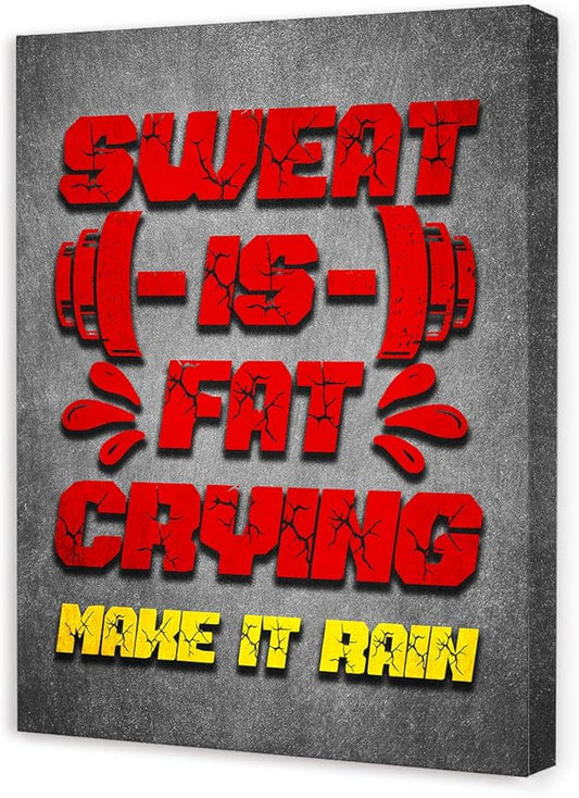 Gym Quotes Wall Art,Inspirational Workout Wall Decor,Sweat is Fat Crying Canvas Wall Art for Home Gym Exercise Fitness Room-StrideForce Fitness