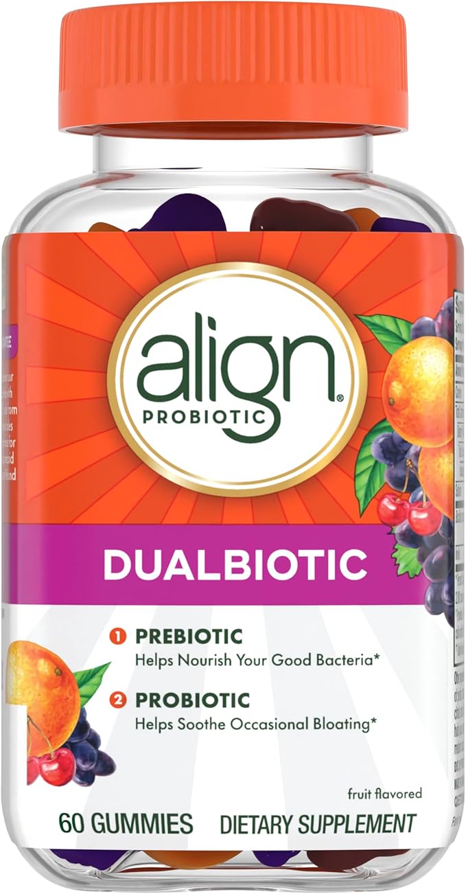 Align Dualbiotic, Prebiotics and Probiotics for Women and Men, Probiotics for Digestive Health, Prebiotics Help Nourish Good Bacteria, Natural Fruit Flavors, 60 Probiotic Gummies-StrideForce Fitness