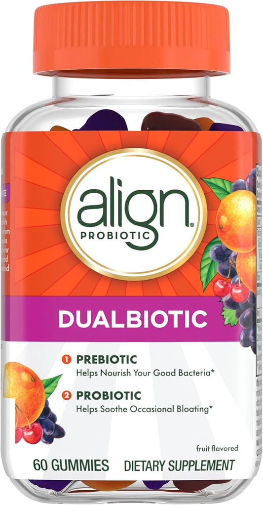 Align Dualbiotic, Prebiotics and Probiotics for Women and Men, Probiotics for Digestive Health, Prebiotics Help Nourish Good Bacteria, Natural Fruit Flavors, 60 Probiotic Gummies-StrideForce Fitness