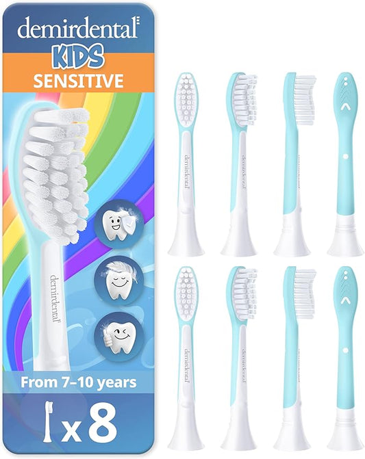 demirdental Kids Toothbrush Heads Compatible with Philips Sonicare Kids Toothbrush Heads - Replacement Heads Sensitive - Brush Heads from Ages 7 to 10 - Turquoise - Replaces HX6048-8 Pack