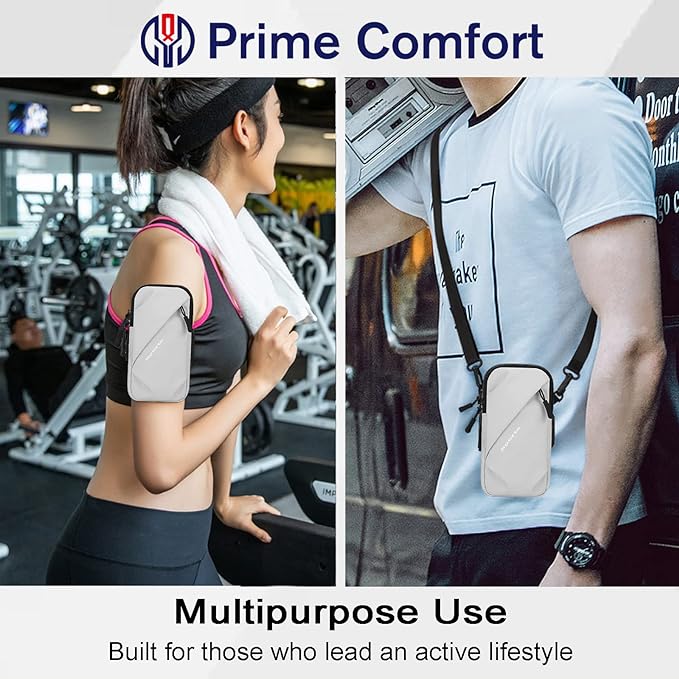Phone Holder, Small Crossbody Shoulder Holsters Bag with Arm Band, Fits iPhone and Android, Use for Running, Walking, Hiking & Biking (6.7 Inches, Grayish White)-StrideForce Fitness