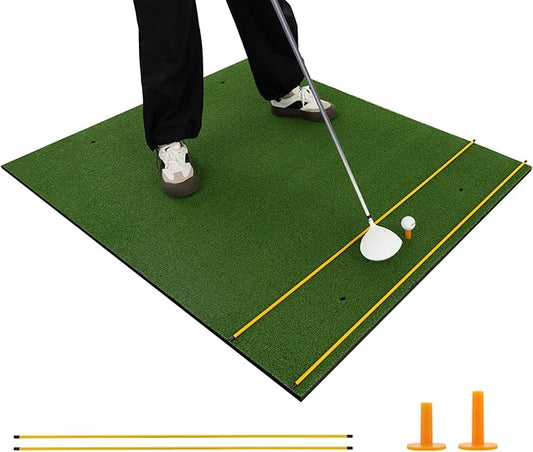 Tangkula Golf Hitting Mat, Artificial Turf Mat for Indoor/Outdoor Golf Practice Includes 2 Rubber Tees & 2 Alignment Sticks, Golf Training Mat for Home Backyard Garage-StrideForce Fitness