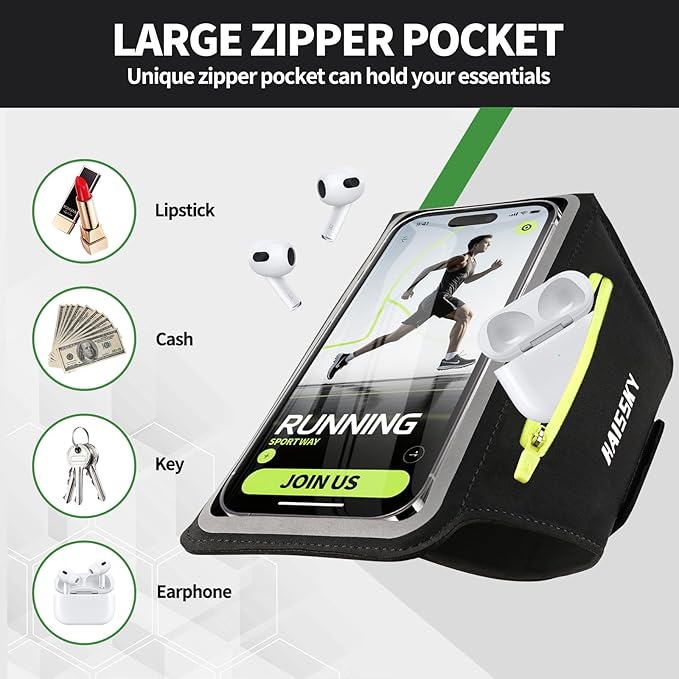 Running Armband with Earphone Bag for iPhone 16/15/14 Max/Pro/Plus & Galaxy S20/S10, Touchscreen Compatible, Phone Holder for Running with Card Slot & Key Pockets, Fit Up to 6.9 Phone-StrideForce Fitness