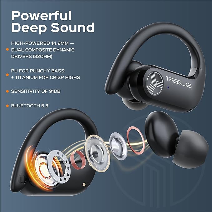 TREBLAB X3 Pro - Ultra Comfortable Earhooks, Pure-HD Sound, Punchy Bass, 145H Battery, Waterproof & Sweatproof Bluetooth Earbuds, Mics for Calls, True Wireless Ear Buds for Sports Workout Running-StrideForce Fitness