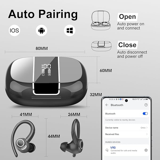 Wireless Earbuds Bluetooth 5.3 Headphones Sports, 48Hrs Playtime Bluetooth Earbuds with CVC 8.0 Mic, Stereo Bass Over Ear Bud with Earhooks, LED Display, IP7 Waterproof Earphon for Running Gray-StrideForce Fitness