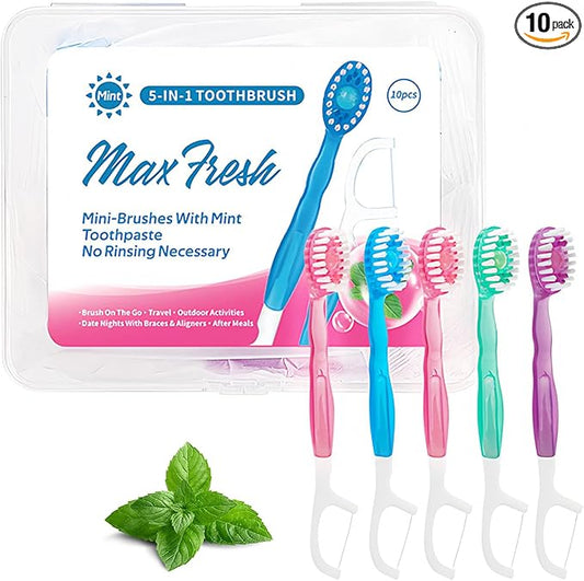 YIBLBOX 5 in 1 Toothbrush & Floss,5 in 1 mini Toothbrush & Floss & Tongue Scraper & Toothpick Set,Disposable Toothbrushes with Toothpaste, Portable Oral Care for Travel Work