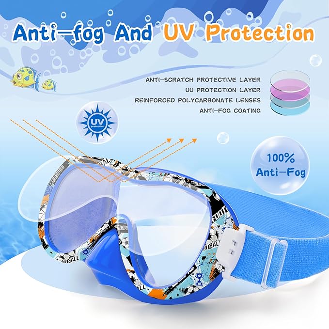 Kids Swim Goggles 180° Snorkel Diving Mask with Nose Cover, Anti-Fog Kids Swimming Goggles with Elastic Fabric Strap for Kids Boys Girls-StrideForce Fitness
