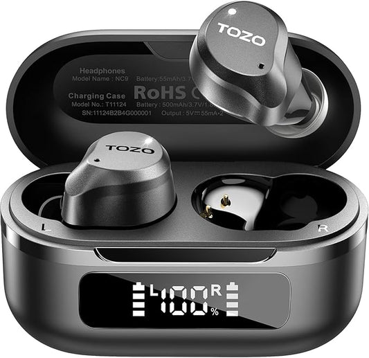 TOZO NC9 Hybrid Active Noise Cancelling Wireless Earbuds, 6 Mics ENC Clear Call, IPX8 Waterproof, in Ear Bluetooth 5.3 Headphones Stereo Bass Ear Buds 59H Playtime with LED Display 32 EQs via APP-StrideForce Fitness