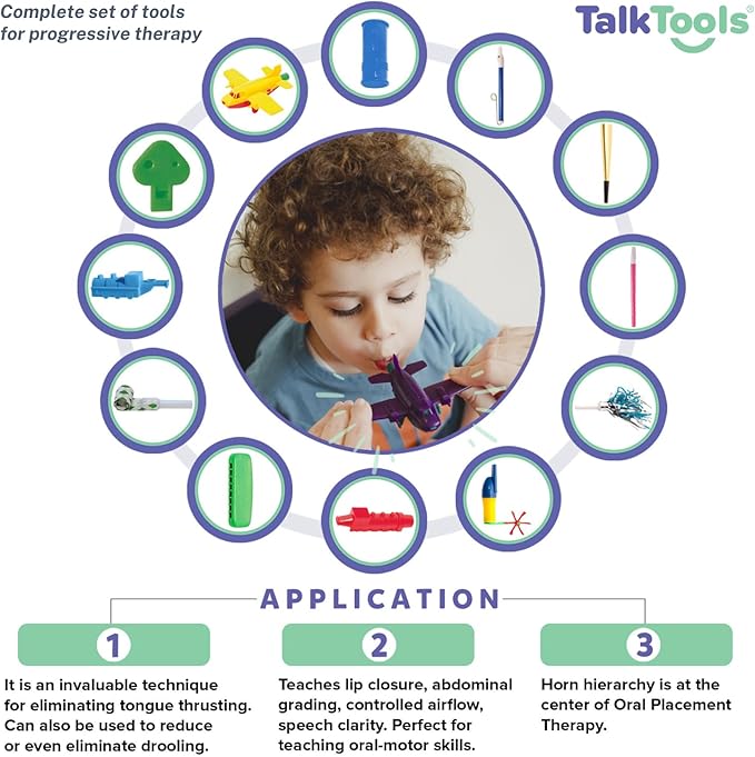 TalkTools Horn Kit | Oral Motor Placement Therapy | Improve Speech, Tongue Lip Placement | Reduce or Eliminate Drooling | Abdominal Grading | Controlled Oral Airflow, and Speech Clarity - 12 Tools