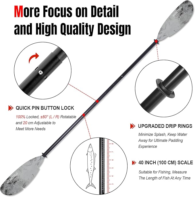 Angler Kayak Paddles Aluminum Paddle with Plastic Blades and Paddle Leash, Floating Adjustable Fishing Kayak Oars, 3 Piece, 230-250cm/90-98 inch-StrideForce Fitness