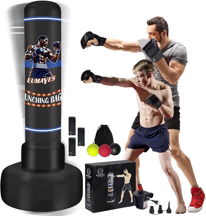 Freestanding Punching Bag for Adults Teens, 71" Heavy Punching Bag with Stand and Boxing Reflex Balls & Electric Air Pump, Inflatable Kickboxing Bag for Training MMA Thai Fitness Karate-StrideForce Fitness