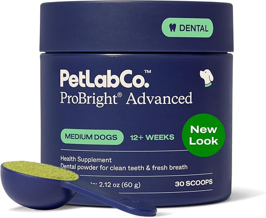 PetLab Co. ProBright Advanced Dental Powder - Dog Breath Freshener - Teeth Cleaning Made Easy – Targets Tartar & Bad Breath - Packaging May Vary - Formulated for Medium Size Dogs