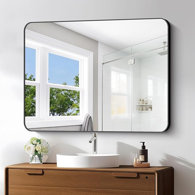 30x40 inch Bathroom Mirror,Black Rectangle Mirror,Wall Mounted Bathroom Frame Vanity Mirror with Round Corner for Bedroom Living Room, Entryway Hangs Horizontal or Vertical-StrideForce Fitness