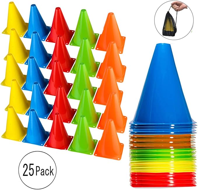 BiAnYC 7 Inch Plastic Sport Training Traffic Cones- Set of 10 Pcs/25 Pcs, 5 Colors(Orange/Yellow/Red/Blue/Green)-StrideForce Fitness