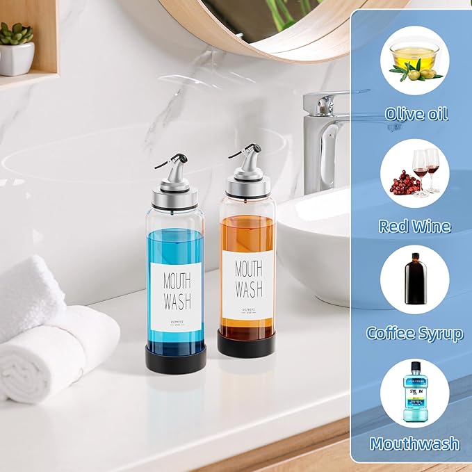 VITVITI Mouthwash Dispenser for Bathroom, Glass Mouth Wash Container with 2 Glass Cups, Press Lid 17OZ Clear Refillable Mouthwash Bottle Decanter with Silicone Pad/Labels, Set of 2