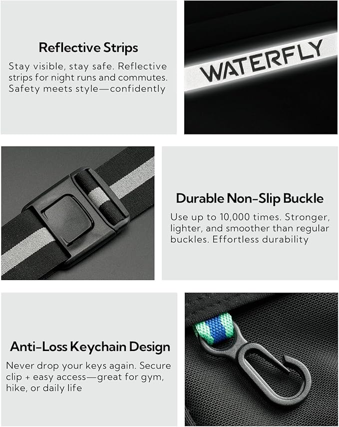 WATERFLY Running Belt Fanny Pack: Slim Breathable 4 Pocket Waist Bag for Men Women Sport Workout Exercise Fitness Phone Holder - Runner Marathon Jogging Waistband Fits ALL Phones Black-StrideForce Fitness