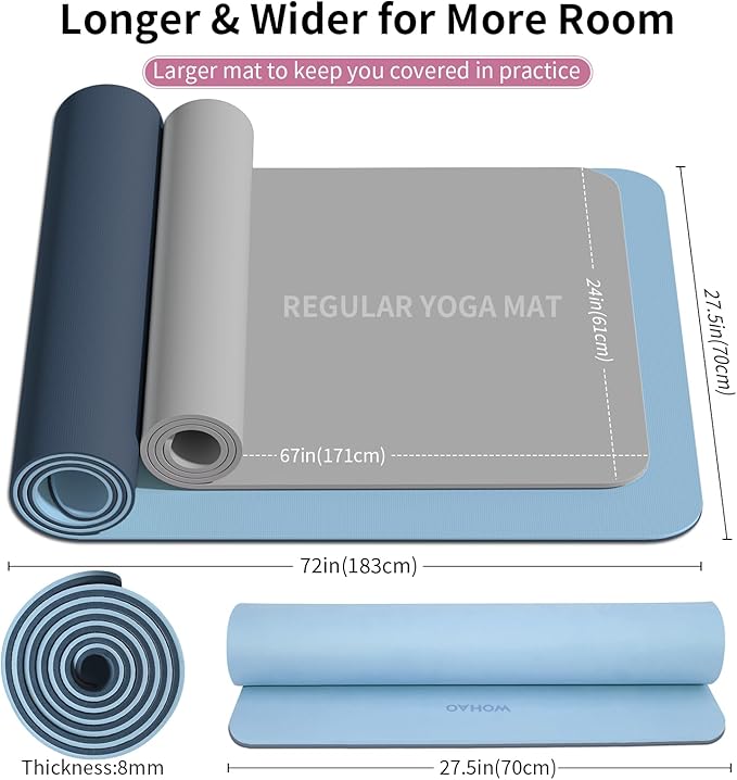 Extra Thick 8mm Yoga Mat, 72"x28" Non Slip Exercise Mat, Reversible 2-Sided Dual Color Premium POE Material, with Carrying Strap for Yoga, Pilates, Home Gym-StrideForce Fitness